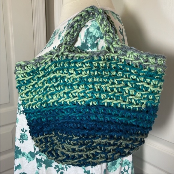 Handmade Basket Organization Green Blue Crochet Decor Hand Crafted Chunky Knit - Picture 7 of 17
